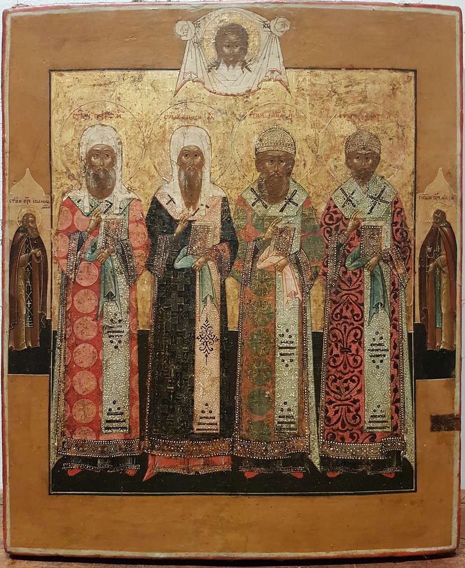 Russian wooden icon depicting four Holy Patriarchs of Moscow circa 1800