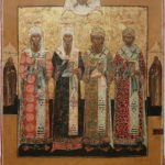Russian wooden icon depicting four Holy Patriarchs of Moscow circa 1800