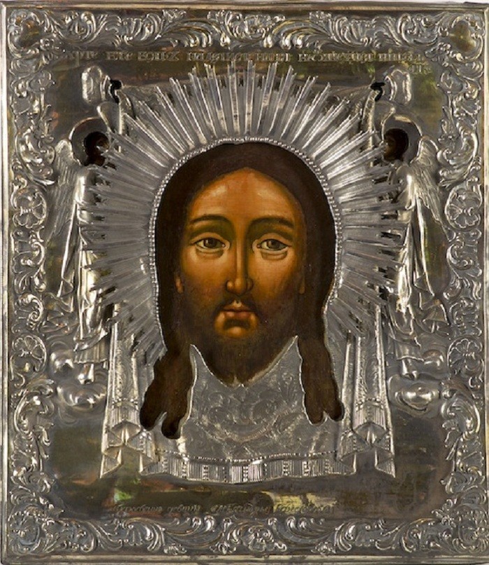 Russian wooden icon with silver rizza